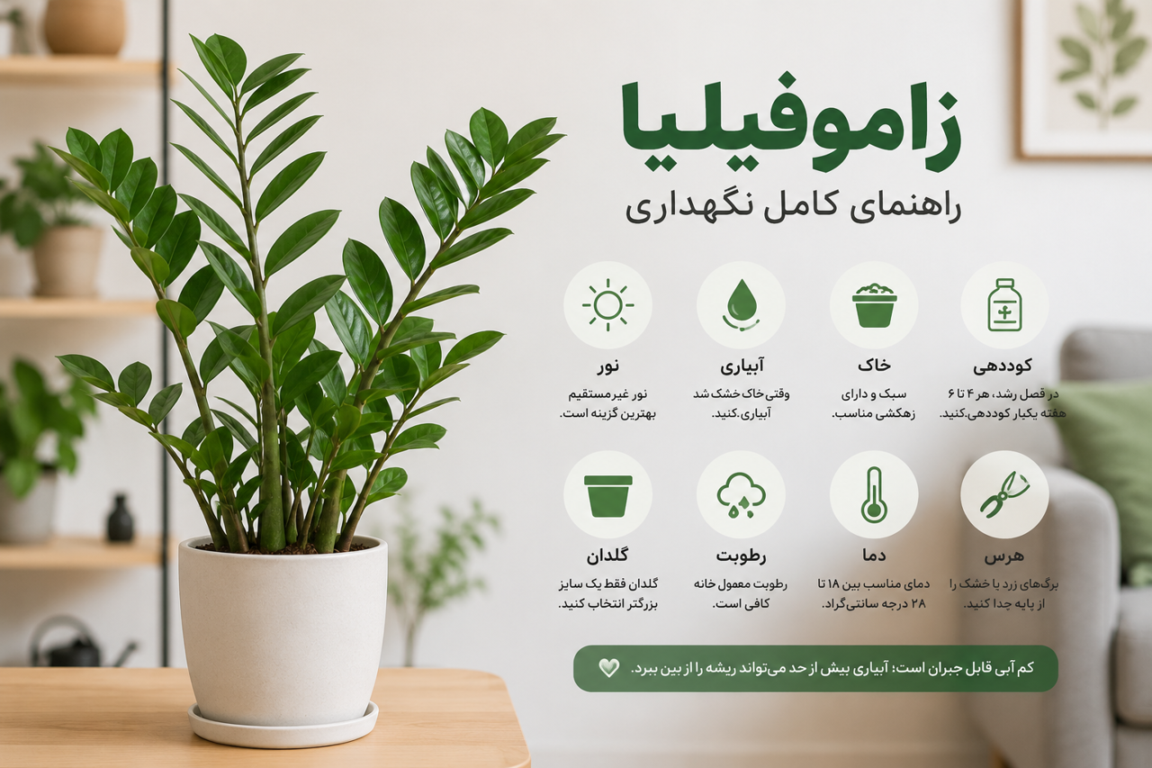معرفی و نگهداری گیاه زاموفلیا + تکثیر و کوددهی